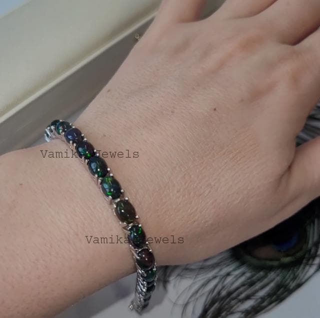Natural Black Opal Tennis Bracelet, Sterling Silver Opal Jewelry with Secure Box Clasp