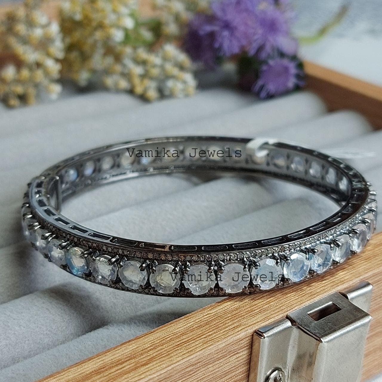Moonstone Diamond Bangle, 925 Sterling Silver Eternity Bracelet