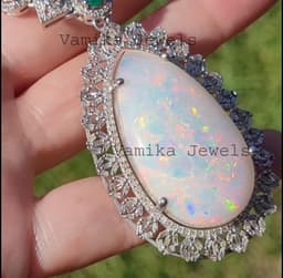 Natural Emerald & Fire Opal Diamond Necklace, 925 Sterling Silver Bridal Multi Stone Statement Jewelry thumbnail 4