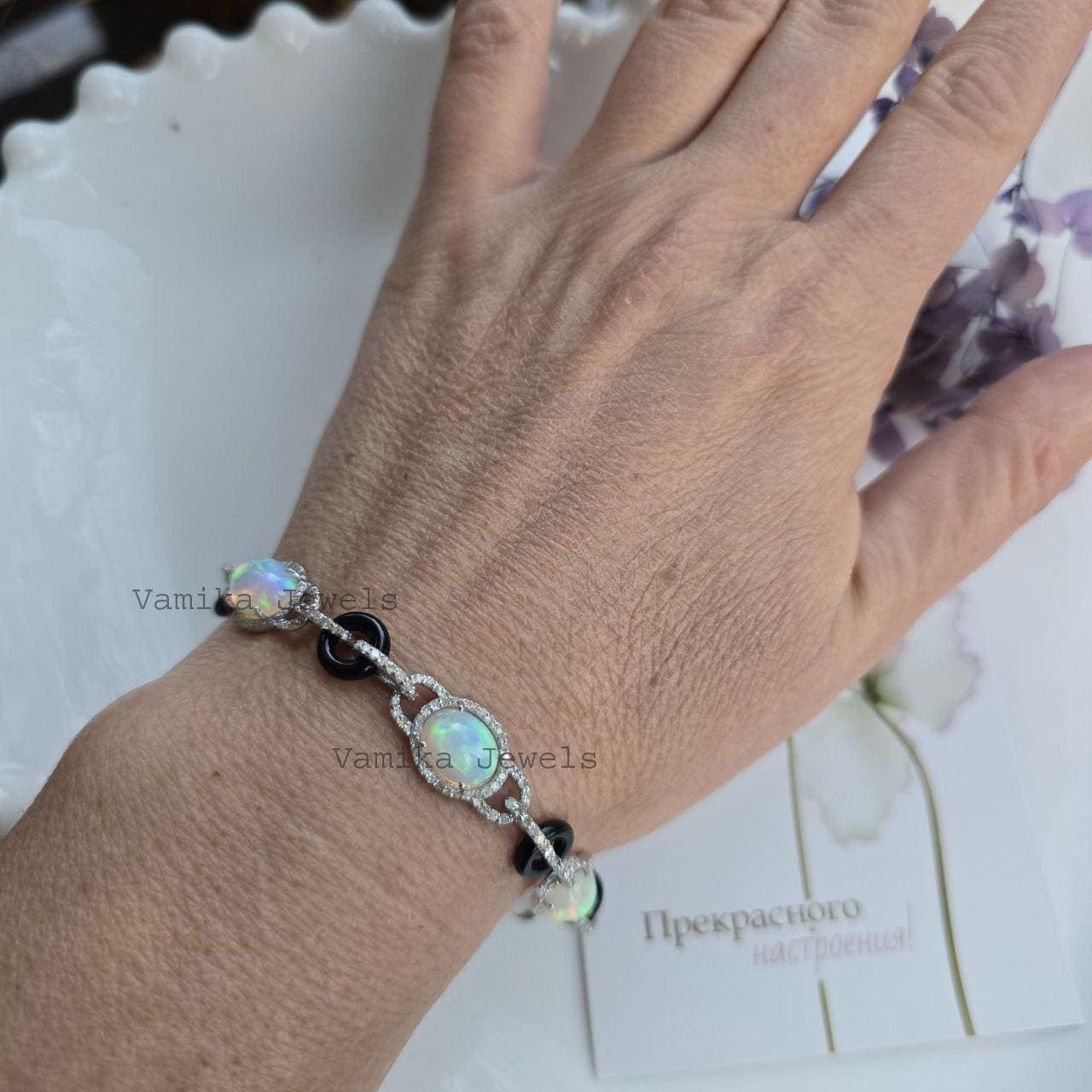 Natural Opal & Black Onyx Bracelet, 925 Sterling Silver Pave Diamond Halo Multi Stone Jewelry