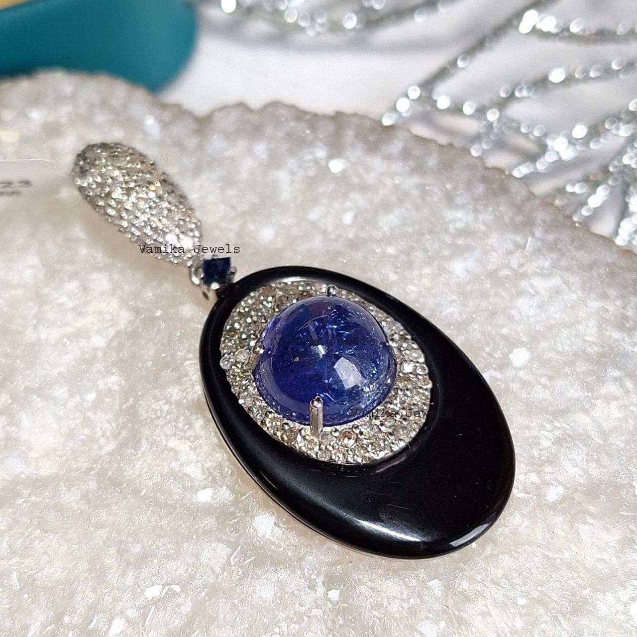Natural Tanzanite Diamond Pendant, 925 Sterling Silver Black Onyx Multi Stone Jewelry, Birthday Gift