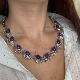 Natural Amethyst Tanzanite Cluster Necklace, 925 Sterling Silver Sapphire Apatite Jewelry, Wedding Gift thumbnail 1