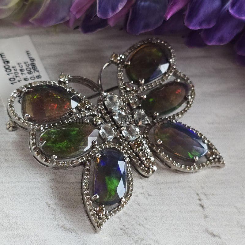 Natural Black Opal Butterfly Brooch, 925 Sterling Silver Aquamarine Diamond Statement Jewelry, Anniversary Gift