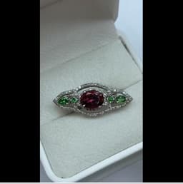 Natural Rubellite Tourmaline Brooch, 925 Sterling Silver Tsavorite Diamond Multi Stone Statement Jewelry thumbnail 7