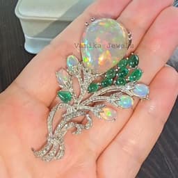 Natural Opal & Emerald Brooch Pin, 925 Sterling Silver Diamond Wedding Jewelry, Birthday Gift thumbnail 2