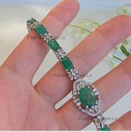 Natural Emerald & Diamond Tennis Bracelet, 925 Sterling Silver Elegant Halo Statement Jewelry thumbnail 7