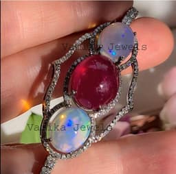 Natural Ruby & Fire Opal Bracelet, Sterling Silver Pave Diamond Multi Stone Cocktail Jewelry thumbnail 4