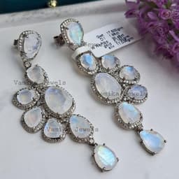 Natural Moonstone Dangle Earring- 925 Sterling Silver Pave Diamond Cluster Jewelry thumbnail 8