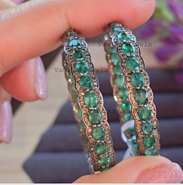 Natural Emerald & Diamond Inside Outside Halo Earrings, Sterling Silver Bridal Statement Jewelry
