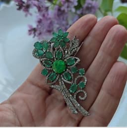 Green Opal Floral Brooch, Sterling Silver Emerald Diamond Pin thumbnail 4