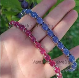 Natural Tanzanite & Ruby Tennis Bracelet, Sterling Silver Oval Cabochon Gemstone Jewelry thumbnail 7