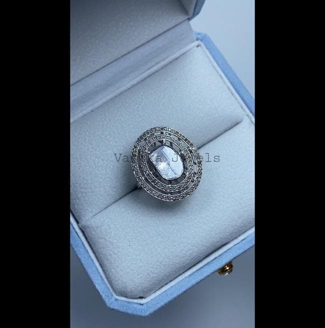 Natural Polki Diamond Ring, 925 Sterling Silver Pave Diamond Statement Jewelry, Wedding Anniversary Gift