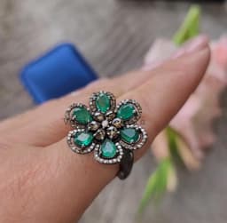 Emerald Flower Ring, Pave Diamond Halo, Sterling Silver Cocktail Ring thumbnail 4