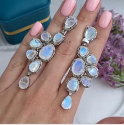 Natural Moonstone Dangle Earring- 925 Sterling Silver Pave Diamond Cluster Jewelry thumbnail 5