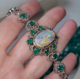 Opal Emerald Diamond Bracelet, Sterling Silver Anniversary Jewelry thumbnail 1