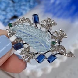 Natural Carved Aquamarine Emerald Brooch, 925 Sterling Silver Kyanite Diamond Jewelry, Wedding Gift thumbnail 7