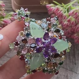 Sterling Silver Floral Brooch Pendant, Natural Prehnite Tourmaline & Amethyst Gemstone Jewelry thumbnail 5