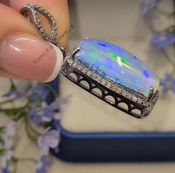 Natural Fire Opal Filigree Pendant, Handmade 925 Sterling Silver Jewelry with Pave Diamond Halo thumbnail 1