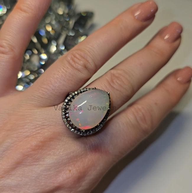 Natural Ethiopian Opal & Diamond Engagement Ring, 925 Sterling Silver Statement Jewelry For Women