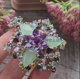 Sterling Silver Floral Brooch Pendant, Natural Prehnite Tourmaline & Amethyst Gemstone Jewelry thumbnail 3