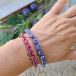 Natural Tanzanite & Ruby Tennis Bracelet, Sterling Silver Oval Cabochon Gemstone Jewelry thumbnail 5