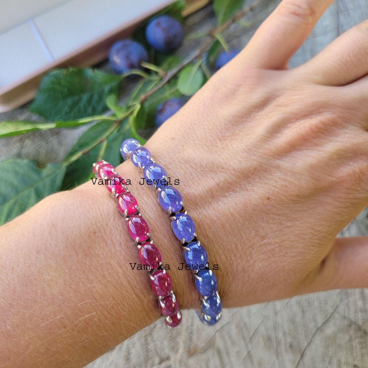 Natural Tanzanite & Ruby Tennis Bracelet, Sterling Silver Oval Cabochon Gemstone Jewelry