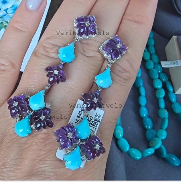 Natural Carved Amethyst Earrings, 925 Sterling Silver Turquoise Pave Diamond Dangle Statement Jewelry
