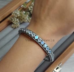 Moonstone Diamond Bangle, 925 Sterling Silver Eternity Bracelet thumbnail 3
