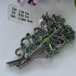 Green Opal Floral Brooch, Sterling Silver Emerald Diamond Pin thumbnail 3