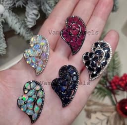 Heart Sterling Silver Gemstone Brooch Pin, Fire Opal, Ruby, Sapphire thumbnail 2