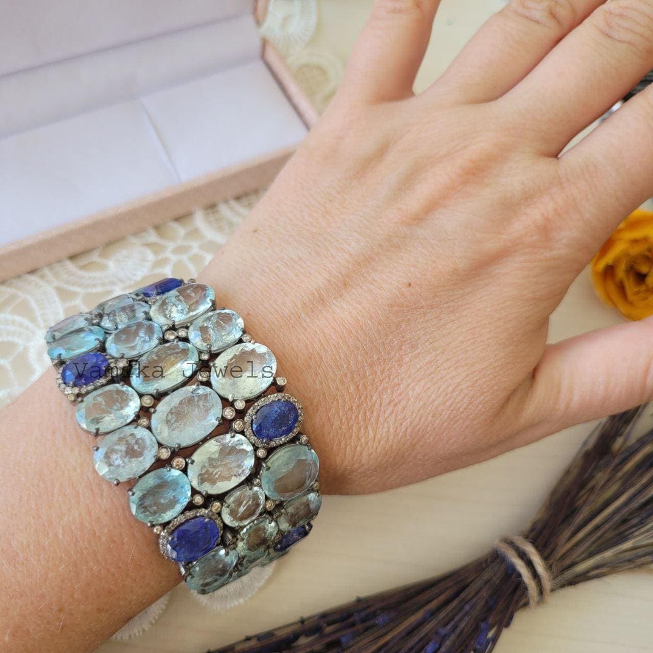 Natural Aquamarine Bracelet, 925 Sterling Silver Tanzanite Pave Diamond Halo Jewelry