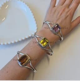 Natural Citrine Amethyst Open Bangle, 925 Sterling Silver Lemon Topaz Cuff Bracelet For Women thumbnail 3
