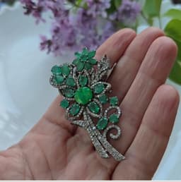 Green Opal Floral Brooch, Sterling Silver Emerald Diamond Pin thumbnail 8