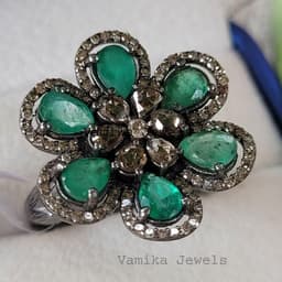 Emerald Flower Ring, Pave Diamond Halo, Sterling Silver Cocktail Ring thumbnail 8