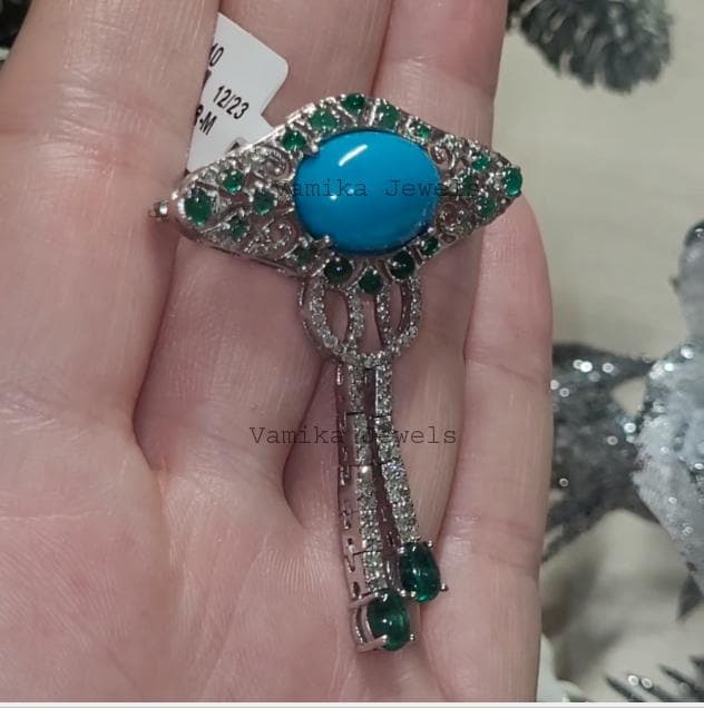 Natural Turquoise Brooch, 925 Sterling Silver Diamond Emerald Cluster Statement Jewelry
