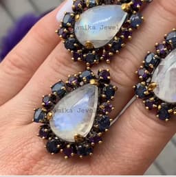 Natural Moonstone Sapphire Ring Earring Set – Gold Plated 925 Sterling Silver Amethyst Statement Jewelry thumbnail 2