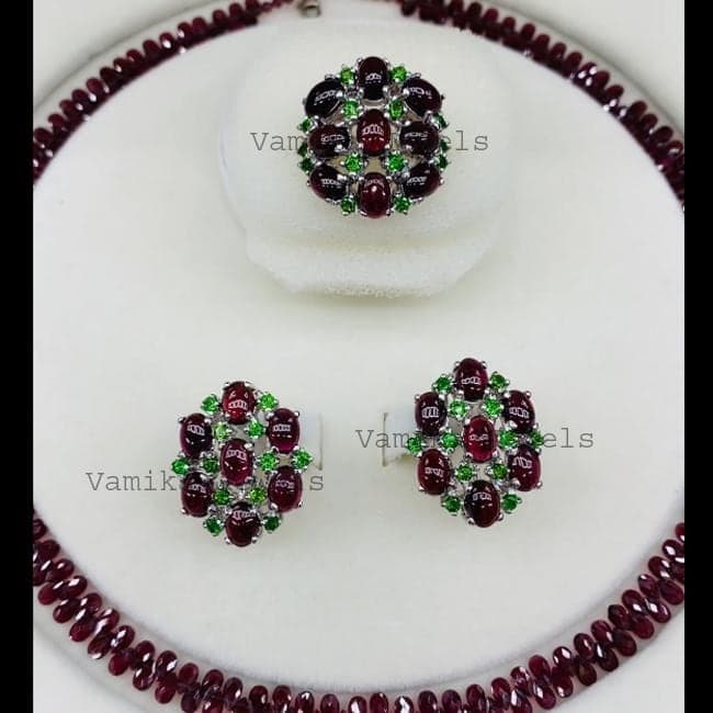 Natural Garnet & Chrome Diopside Jewelry Set, 925 Sterling Silver Ring Earrings, Birthday Gift