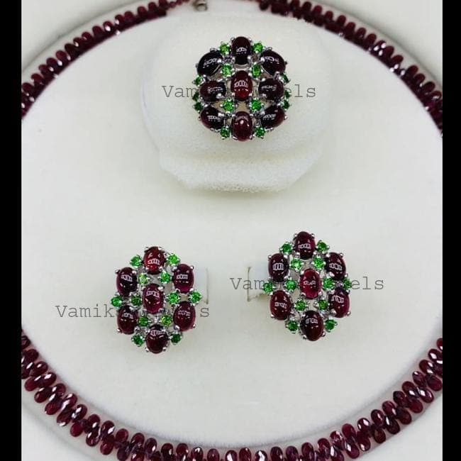 Natural Garnet & Chrome Diopside Jewelry Set, 925 Sterling Silver Ring Earrings, Birthday Gift