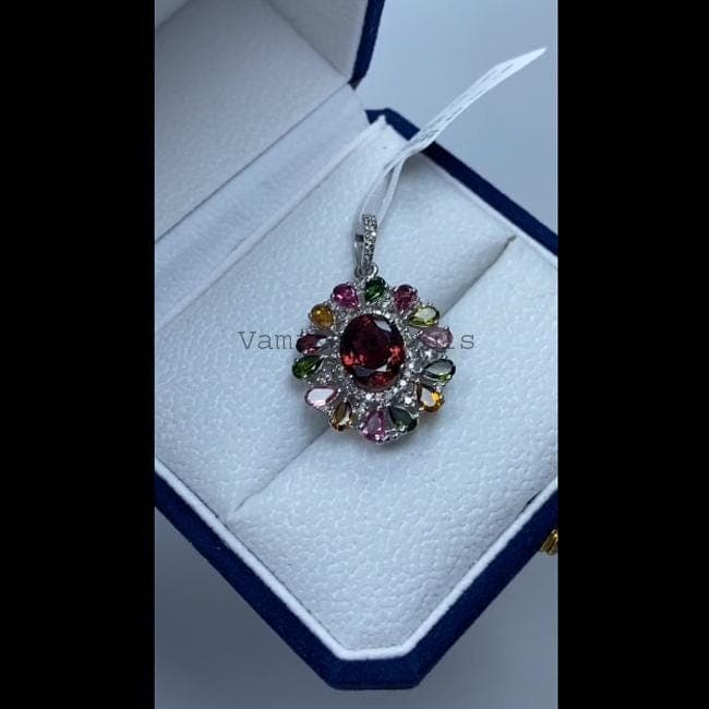 Natural Rubellite Diamond Pendant, 925 Sterling Silver with Multi Tourmaline Jewelry, Gift For Wife
