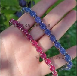 Natural Tanzanite & Ruby Tennis Bracelet, Sterling Silver Oval Cabochon Gemstone Jewelry thumbnail 6