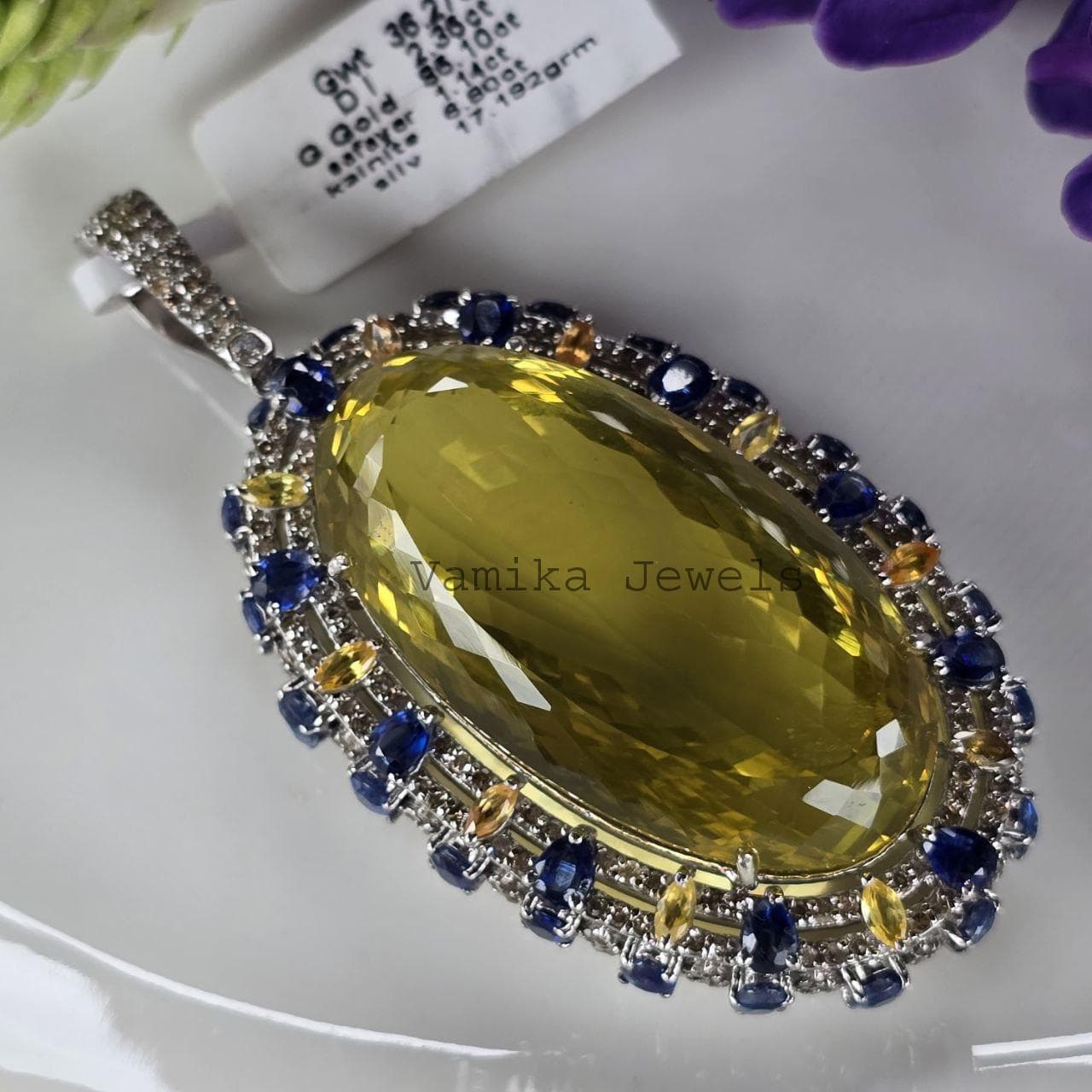 Natural Lemon Topaz Pendant– 925 Sterling Silver Kyanite Sapphire Diamond Multi Stone Statement Jewelry