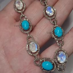 Natural Turquoise & Moonstone Necklace, Handmade Sterling Silver Diamond Halo Gemstone Jewelry thumbnail 1