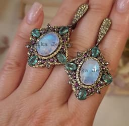 Natural Moonstone Diamond Dangle Earrings, Sapphire Ruby Halo Design, Rhodium Plated Sterling Silver Jewelry thumbnail 2