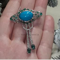 Natural Turquoise Brooch, 925 Sterling Silver Diamond Emerald Cluster Statement Jewelry thumbnail 1