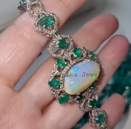 Opal Emerald Diamond Bracelet, Sterling Silver Anniversary Jewelry thumbnail 2