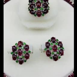 Natural Garnet & Chrome Diopside Jewelry Set, 925 Sterling Silver Ring Earrings, Birthday Gift thumbnail 1