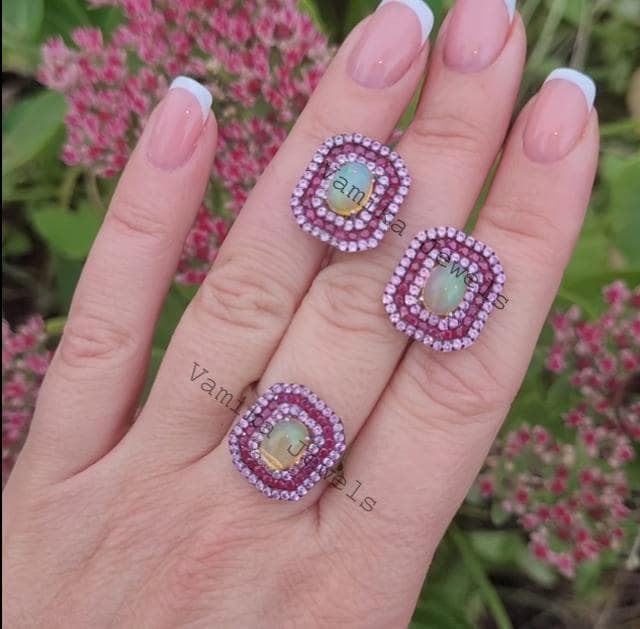 Natural Opal Ring & Earrings Set, Sterling Silver Ruby Pink Sapphire Halo Jewelry