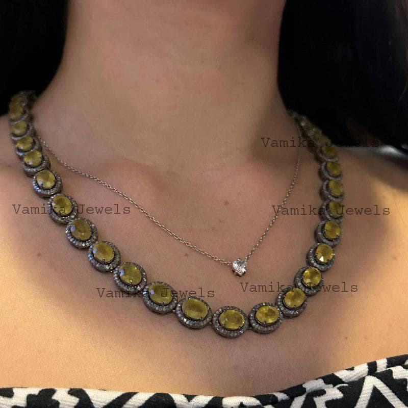 Natural Yellow Sapphire & Diamond Necklace, Handmade 925 Sterling Silver Bridal Wedding Statement Jewelry