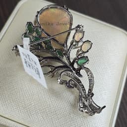 Natural Opal & Emerald Brooch Pin, 925 Sterling Silver Diamond Wedding Jewelry, Birthday Gift thumbnail 6
