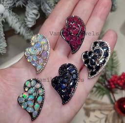 Heart Sterling Silver Gemstone Brooch Pin, Fire Opal, Ruby, Sapphire thumbnail 3